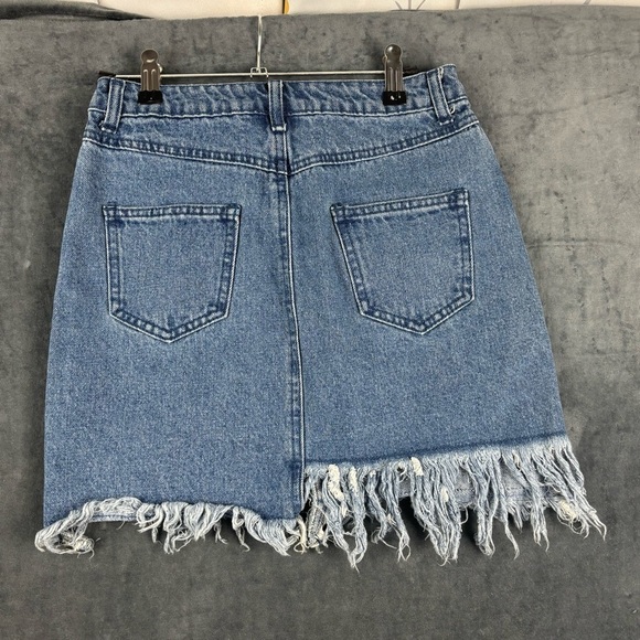 Missguided Denim Distressed Mini Skirt w/fringe and gold sequin details Sz 0 - Picture 3 of 7